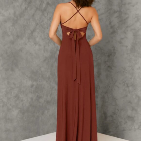 Azazie Aubrianna - Terracotta A-Line Pleated Luxe Knit Dress - Picture 3 of 9